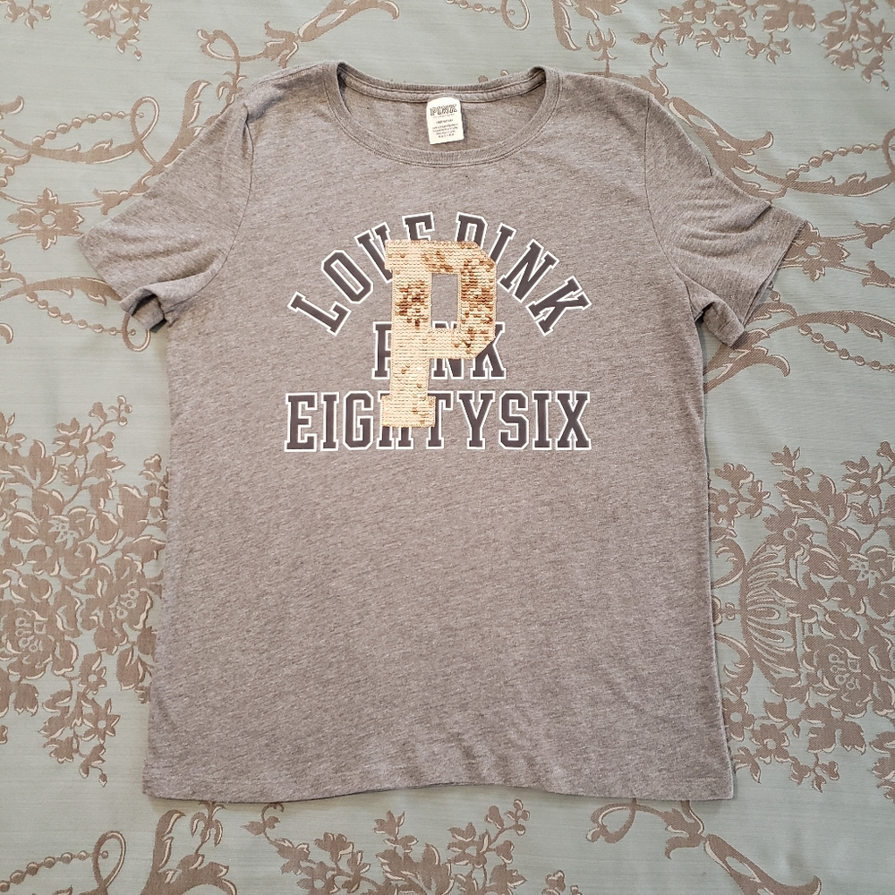 Victoria's Secret PINK Bling Sequin Perfect Crew Tee Shirt Gray Size Large